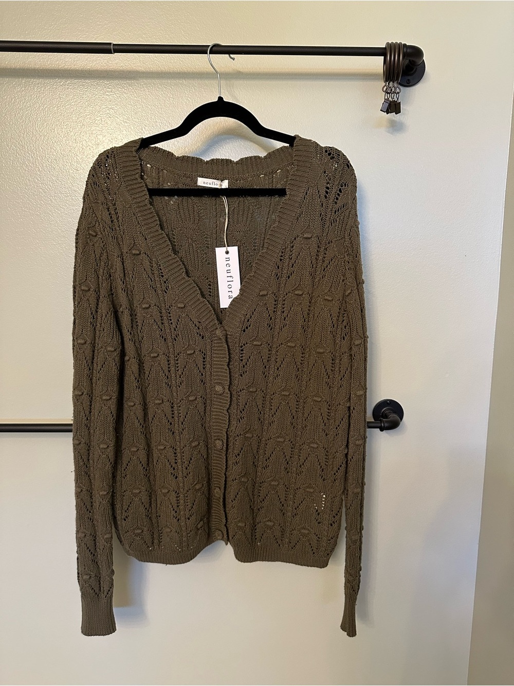 Open-Knit Button Front Cardigan in Olive